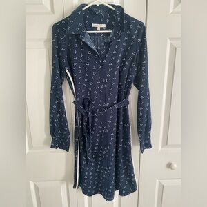 Rosie Pope Navy Blue Long Sleeve Shirt Dress with White Print